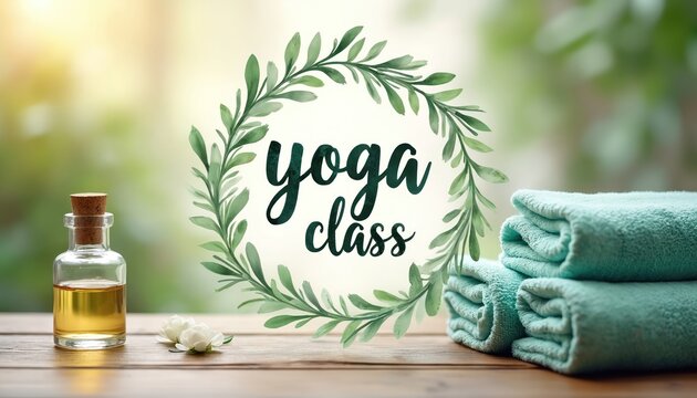 Yoga class announcement design. Green foliage with essential oil bottle, rolled towels. Natural spa background, leaves wreath. Calmness, serenity, zen mood for class workshop advertisement. Wellness,