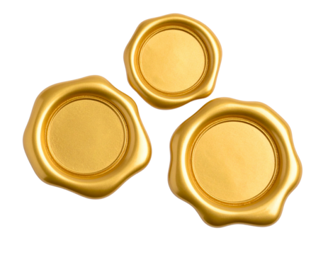 Three gold wax seals with a glossy finish and round, uneven edges.