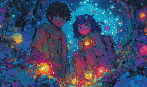 Giovani esploratori in un bosco notturno incantato