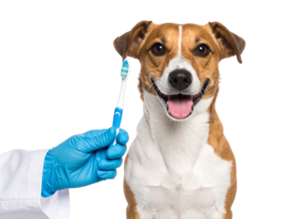 A veterinarian prepares to brush a happy dog's teeth with a toothbrush.