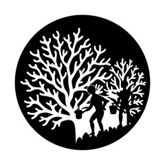 Fototapeta premium People harvesting from trees in a circle design silhouette