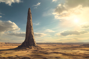 A lone, needle-like rock spire piercing the sky, standing against a vast, sunlit desert plain