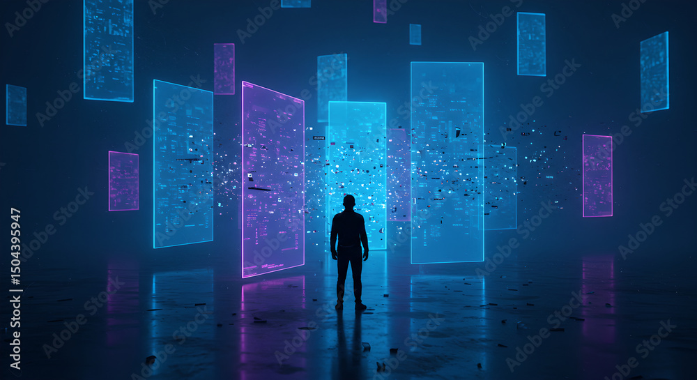 Poster man standing in digital realm with glowing data panels. immersive virtual reality with abstract tech