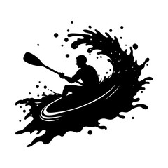 Fototapeta premium Silhouette of person kayaking on a wave of water
