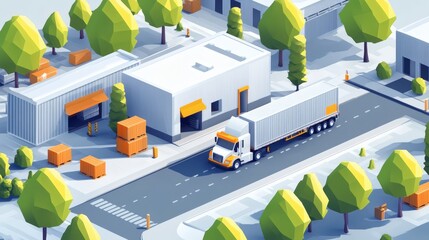 Obraz premium Low-poly isometric illustration of a delivery truck transporting goods to a warehouse.
