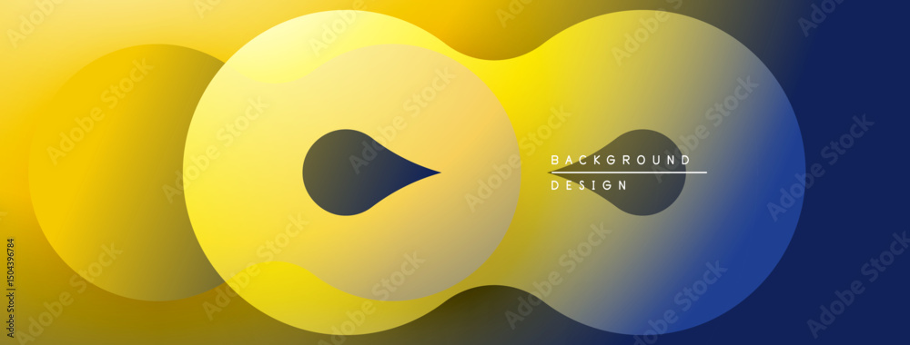 Poster Abstract design features overlapping circles, gradient colors. Yellow blends into blue, creating modern visual effect. Minimalist style.