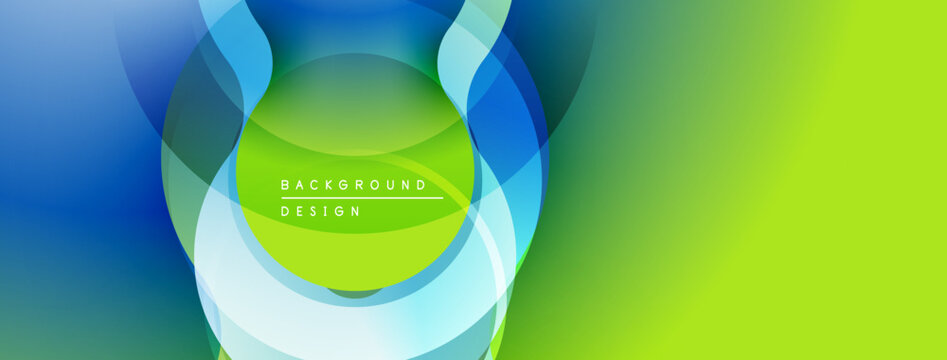 Abstract design features layered circles, vibrant blues, greens. Modern aesthetic creates dynamic visual impact. Smooth gradients enhance depth.