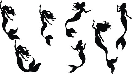 Silhouette Collection of Mermaids with Flowing Hair and Fish Tails