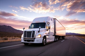 Obraz premium A Long Haul Semi Truck Navigating a Highway at Sunset Journey