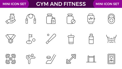 Gym and fitness icon set. Containing healthy lifestyle, weight training, body care and workout or exercise equipment icons. Outline icon collection.