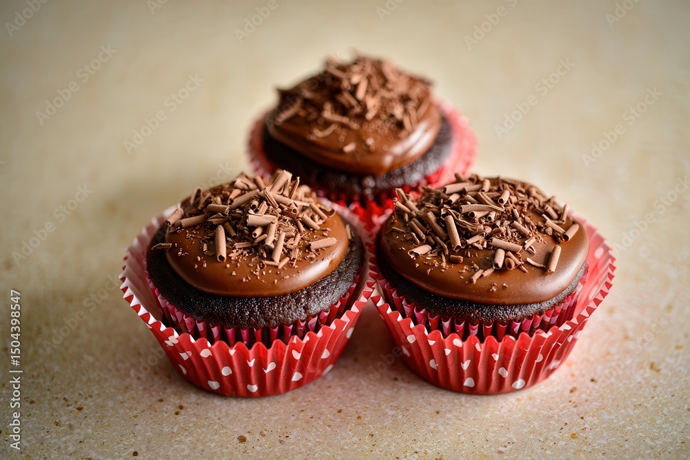 Poster three chocolate cupcakes with chocolate frosting and sprinkles on top, sitting next to each other on