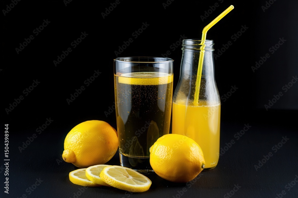 Poster two glasses filled with lemonade, one with a slice of lemon on the rim, next to two whole lemons and