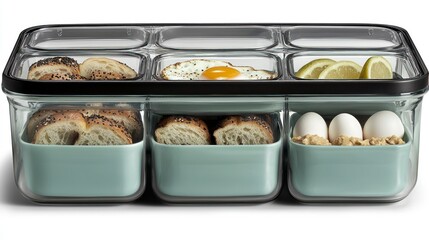 A divided food container with various breakfast foods in it