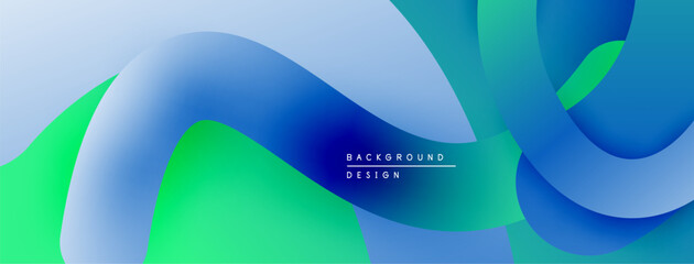 Abstract fluid shapes blend blues, greens. Modern design evokes movement, energy. Minimalist aesthetic suitable for backgrounds.