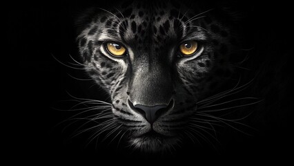 A close-up of a black Cheetah face on a dark black background, animalistic wallpaper background design template with copy space.