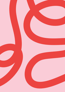 Sleek Psychedelic Playful Wavy Lines Minimalist Poster. Abstract Modern Art Background Illustration of a Swirl Red Line on Pink. Template Music Party Summer Poster template