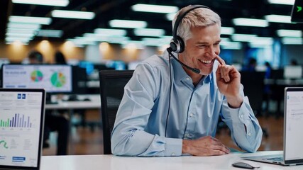 Smiling man working on headset while analyzing data in modern office or working in call center - Powered by Adobe