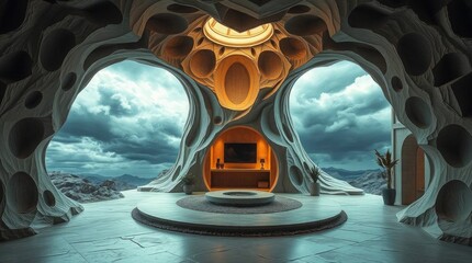 Interior view of a unique architectural structure with cloudscape backdrop