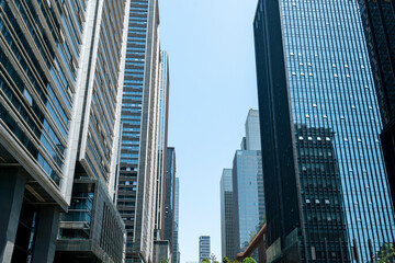 The glass exterior wall of the skyscraper in the financial center