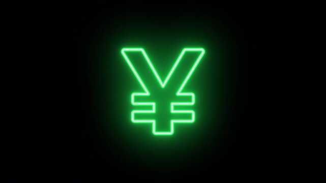 Neon yuan icon animation, flickering emergence and fading. Glowing neon yen money icon, looped animation. Yuan currency sign, Chinese money, bank business, investments. Golden green orange colors