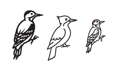 Obraz premium Woodpecker bird simple black line art image, Black bold outline vector icon, Bird vector illustration