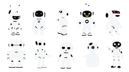 Cute robots, futuristic chatbot characters set. Group of different smart chat bots with antenna and friendly gestures on blue background, cartoon artificial intelligent mascots vector illustration