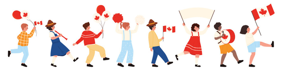 Children marching in a festive Canada Day parade holding flags, balloons, and banners, joyful celebration on white isolated background for national holiday events vector illustration