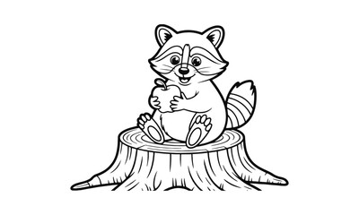 A cute cartoon raccoon sitting on a tree stump, holding an apple with both paws, easily scalable and editable.