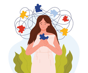 Illustration of a woman holding a puzzle piece, surrounded by tangled lines and colorful pieces, symbolizing mental challenges, isolated vector illustration