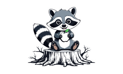 A cute cartoon raccoon sitting on a tree stump, holding an apple with both paws, easily scalable and editable.