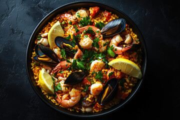 Delicious seafood paella with shrimp, mussels, and lemon