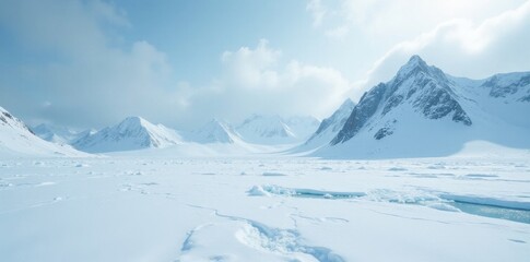 Vast expanse of snow-covered Arctic wilderness, stark yet captivating, polar, icy plains