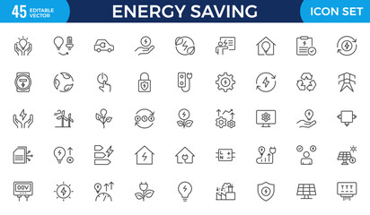 Energy Saving outline icon set with conservation, reduce waste, consumption, management, efficiency, gas emission and green house. Eco related icons Energy Costs, Power ConsumptionGreen House