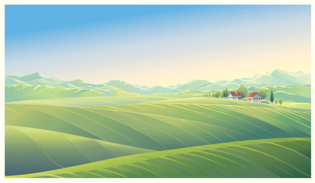 Rural summer landscape with hills, village, and moutnaihills ridge. Vector illustration.