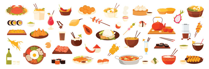 Street food and drink of Asian cuisine set. Korean bibimbap pot and Thai tom yum soup, Chinese dim sum and Indian samosa, Malaysian fried rice, Japanese fish sushi cartoon vector illustration
