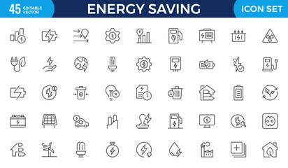 Energy Saving outline icon set with conservation, reduce waste, consumption, management, efficiency, gas emission and green house. Eco related icons Energy Costs, Power ConsumptionGreen House