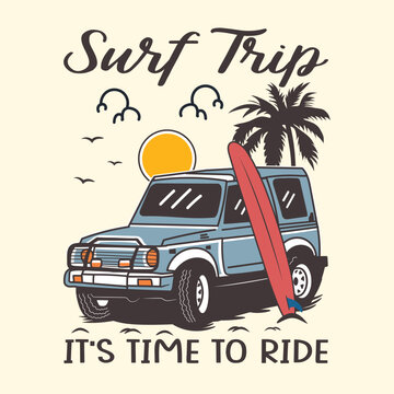 Summer vibes surfing board jeep car vector illustration for t-shirt, patch, sticker print	
