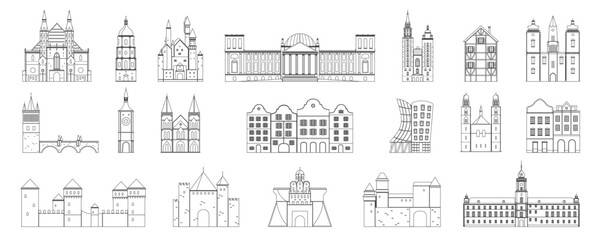 Line set of famous European architectural styles including castles, churches, old town houses, and modern buildings. Represents regional history and design heritage, outline vector illustration.