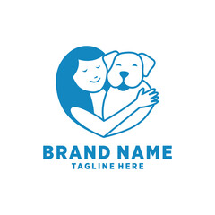 Minimalist Line Art Woman Hugging Dog with Love Symbol Illustration Design