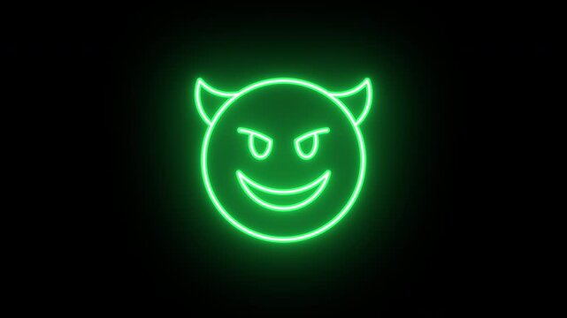 Neon devil emoji icon, flickering emergence and fading. Glowing neon demon emoticon, looped animation. Devil emoji with grin face, mockery emoticon, cute demon icon. Yellow green orange colors