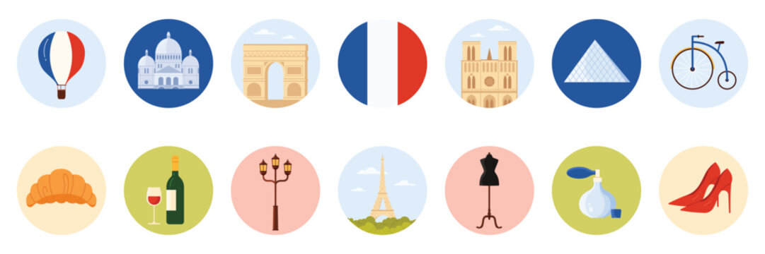 Travel to France set of round stickers with French culture elements, landmark and food. Wine bottle and glass, old bicycle and croissant, perfume and red fashion high heels cartoon vector illustration