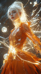 Beautiful woman in futuristic costume over night trance festival background. Portrait of young girl in modern headphones listening music. AI Generative