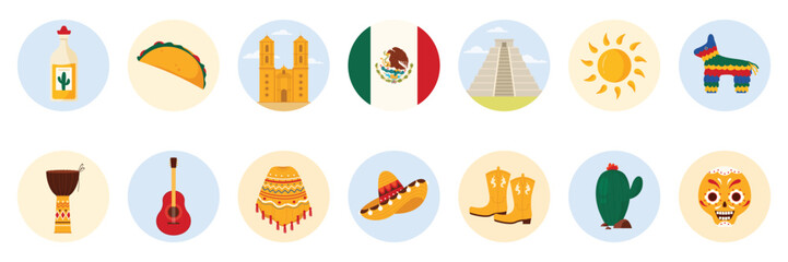 Travel to Mexico set of round stickers with Mexican culture elements, landmarks and food. Chichen Itza Pyramid and taco, sombrero and guitar of mariachi guitarist, tequila cartoon vector illustration