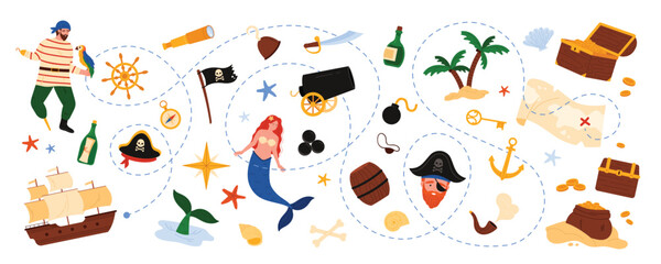 Hidden gold pirate treasures hunt set on route line to old map destination point. fun adventure of tropical island exploration, wooden chest and buccaneers ship, compass cartoon vector illustration