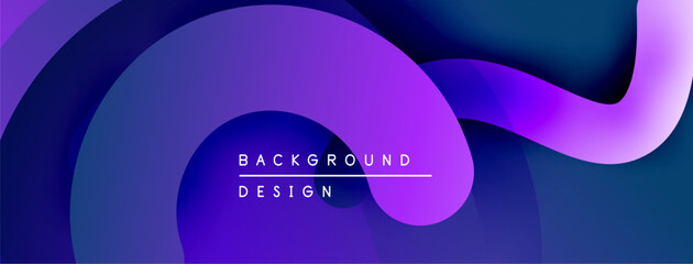 Abstract fluid shapes, vibrant purple hues blend into deep blues. Modern design evokes movement, energy, sophistication.