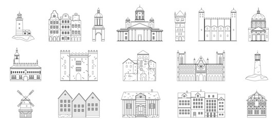 Traditional iconic buildings line set from Scandinavian and Nordic regions, including lighthouses, castles, churches, and wooden houses. Regional architectural identity outline vector illustration.