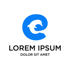 Minimalist Silhouette Dolphin Inside Blue Swirl Shape Logo Aquatic Inspiration