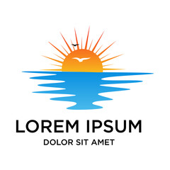 Minimalist Flat Illustration of Sunrise Over the Ocean Water Landscape Logo