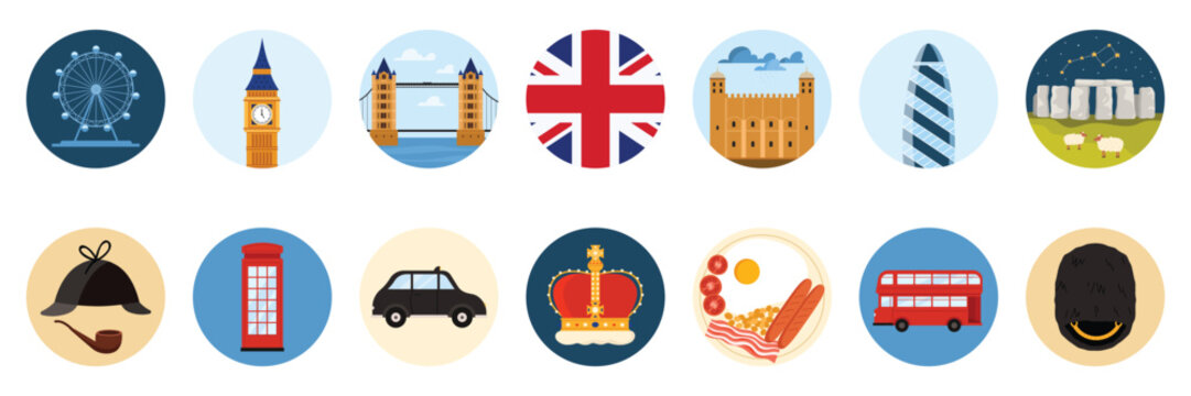 Travel to England, United Kingdom set of round stickers with culture elements, landmarks and food. Tower and red telephone booth, bearskin and Stonehenge, English breakfast cartoon vector illustration