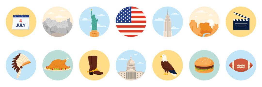 Travel to United States of America set of round stickers with American culture elements, landmarks and food. Mount Rushmore and Statue of Liberty, burger and cowboy boot cartoon vector illustration